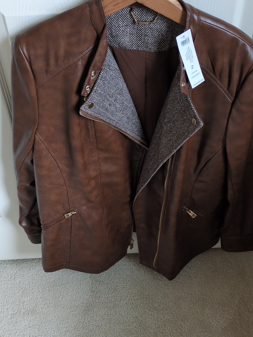 NWT - Chico's Brown Faux Leather Bomber Jacket with Herringbone Lining